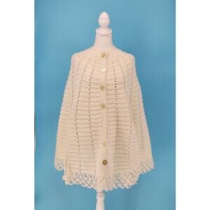 Vintage Hand Made Womens Off White 70's Knitted Poncho Boho Chic Cottage Core
